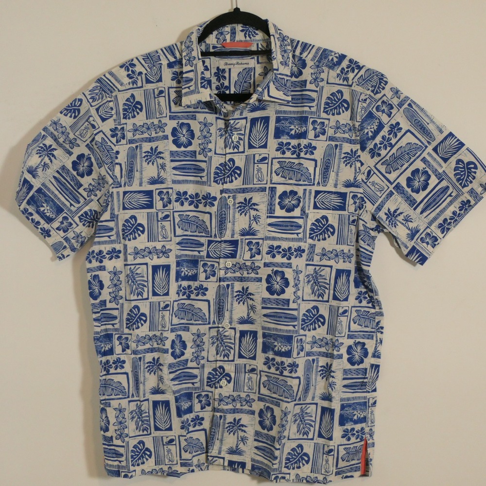 Tommy Bahama Mens Shirt XL Blue White Tropical Surf Coastal Beach Aloha Preppy